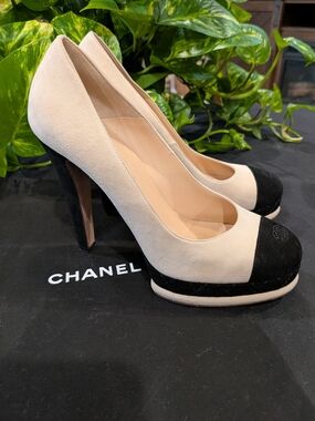 Chanel Beige and Black Suede CC Cap Toe Platform Heels